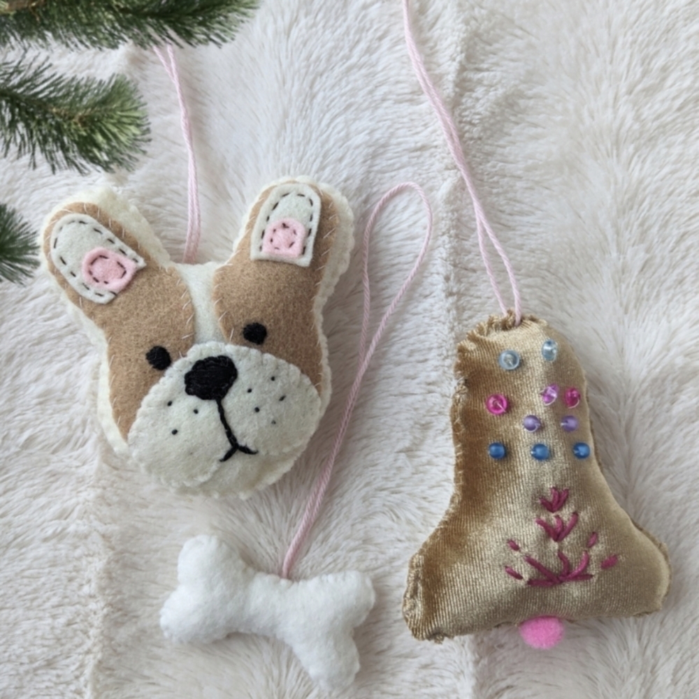 Handmade hand sewn felt dog french bulldog Felt Christmas ornaments